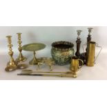 collection of brass and other items to include Victorian candle sticks Islamic bowl wooden candle