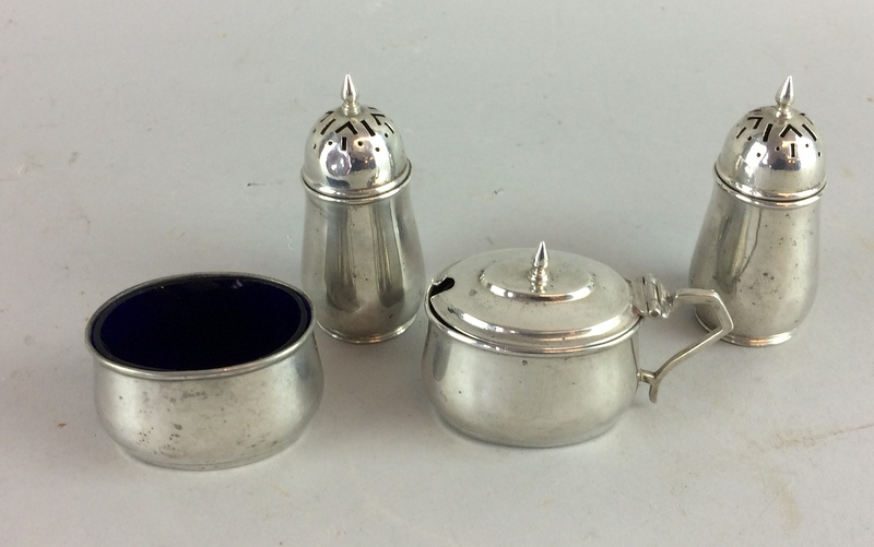 Silver condiment set two mustards one lidded and salt and pepper