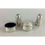 Silver condiment set two mustards one lidded and salt and pepper
