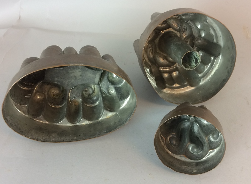 3 copper jelly moulds makers marks and a bass oil lamp and flue - Image 6 of 7