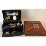 Jewellery box and contents and a modern writing slope with a magnifying glass