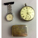 Silver pocket watch , nurses watch, and a singer cycle repair tin