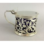 Round silver h/m mustard pot with lid and liner