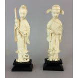 Pair ivory carved figures on wooden plinth 15cm tall