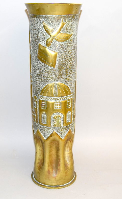 An impressive 1916 dated German shell case stick stand decorated with a mosque and minarets &