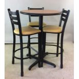 Bistro poser table and 3 high back chairs table 108cm high 77c diameter