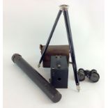 Afga tripod with leather case ,box camera, and pair opera glasses