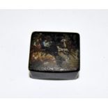 Georgian Papier Mache snuff box, hand painted showing a man and woman with a carriage driver ,