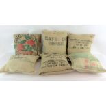 Set of six original coffee bean sacks in the shape of cushions