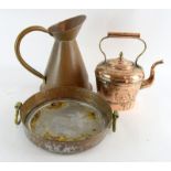 Copper Kettle ,Copper large pouring jug, and a copper two handle dish