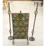 Stained glass Fire screen together two wrought iron candle sticks