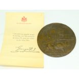 A WW1 Memorial Plaque named to Bernard Davies with its original Buckingham Palace scroll. 20521