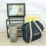 Brompton bike bag , painted galvanized umbrella stand ,prints another bag and stereo unit al