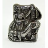 Cast iron door stop, depicting an Elizabethan nursery rhyme scene ,makers mark rubbed