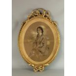 C19th English School Portrait of a lady pastel set in ribbon and rope twist frame