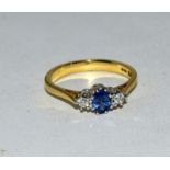 9ct gold Ladies Diamond and Ceylon sapphire 3 stone ring size L