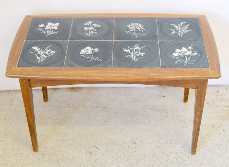 Retro teak tile topped coffee table signed