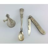 Silver items to include Sheffield 1841 candle snuffer, a pen knife and spoons. Total weight 55g