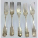 5 silver forks. 1 Edinburgh 1826, 4 Glasgow 1858 by G E. Length 20.5cm. Total Weight 350g