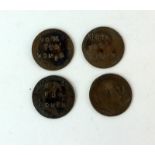 Four early 20th century defaced Suffragette Movement pennies. Three stamped VOTES FOR WOMEN whilst