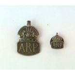 Two 1938 HM silver Air Raid Precautions ARP lapel badges 38mm x 25mm and 13mm x 18mm