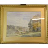 Gilt framed water colour of a country church scene signed Sam Garrett. 80 x 65