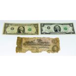 Confederates States of America 5 dollar note together Jefferson 2 dollar with a Washington 1