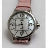 a ladies wristwatch by Gemnova with diamond batons on pink strap