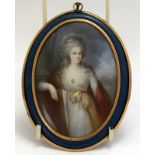 "a 19thc portrait miniature depicting a lady in a Georgian dress holding a pen and portfolio in a