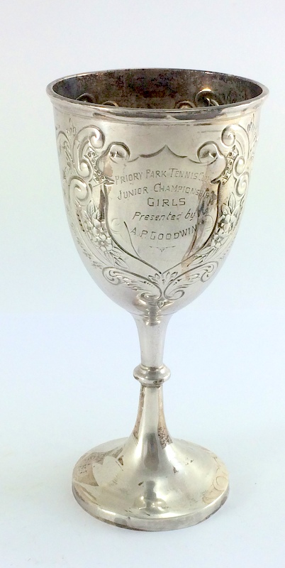 Silver embossed trophy cup (engraved) Sheffield 1909 16cm tall