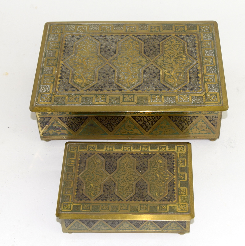 2 Cloisonne brass oriental table boxes largest 6x20x15cm