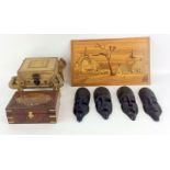 Anglo Indian Rosewood & brass with another box (legs carved as elephants) and 4 Congolese Ituri