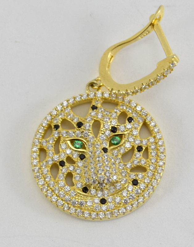 a pair of silver gilt earrings in the form of tigers with emerald eyes - Image 4 of 4