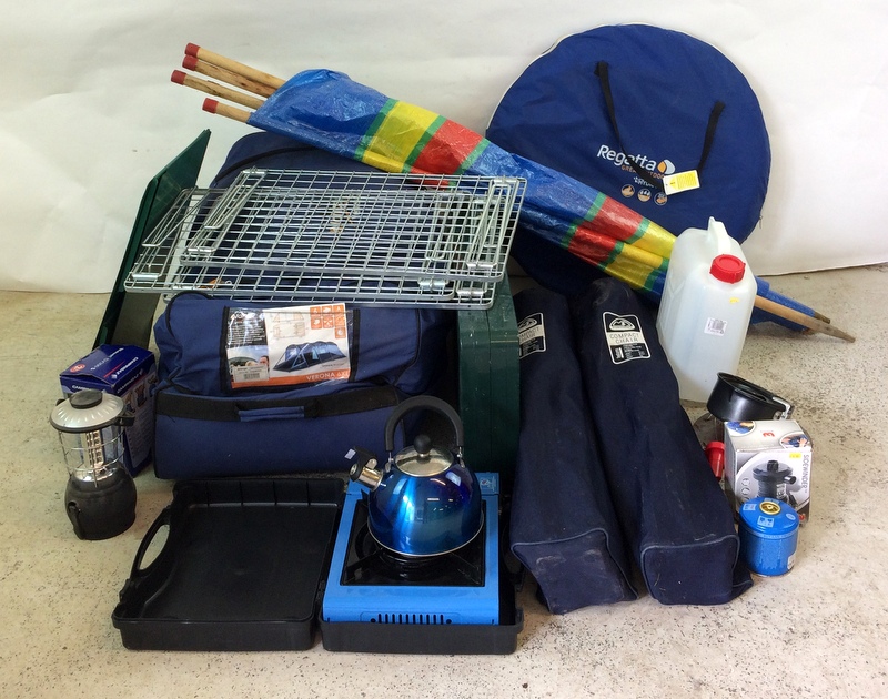 Large quantity of camping equipment to include 6 man vango Verona tent, stove, tables and