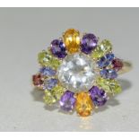 9ct gold ladies amethyst and other semi-precious stone set ring size R