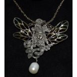 a silver art nouveau style plique a jour pendant necklace with freshwater pearl drop