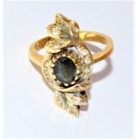 9ct gold ladies diamond and sapphire 'leaf' ring. size L