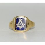 9ct gold gents Masonic twist face signet ring set with enamel size U