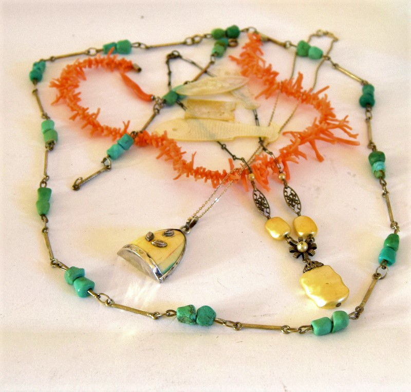 Mixed collection of turquoise, coral, mother of pearl, bone and silver jewellery