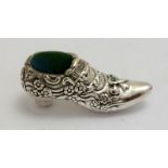 a large silver Victorian style ladies shoe pincushion with opal