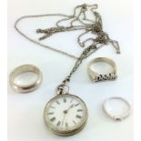 Silver pocket watch and silver rings