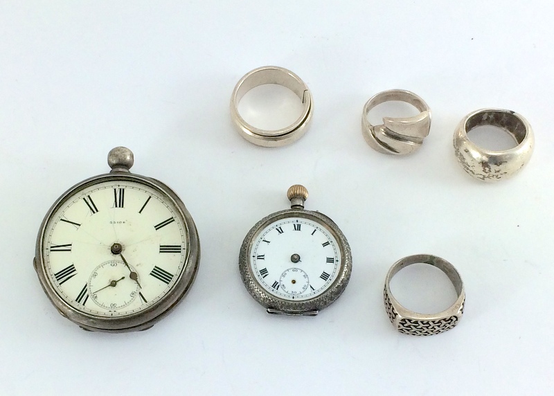 Mix silver pocket watches and silver rings