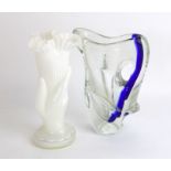 White opaque glass hand shape vase together a Murano blue strip jug