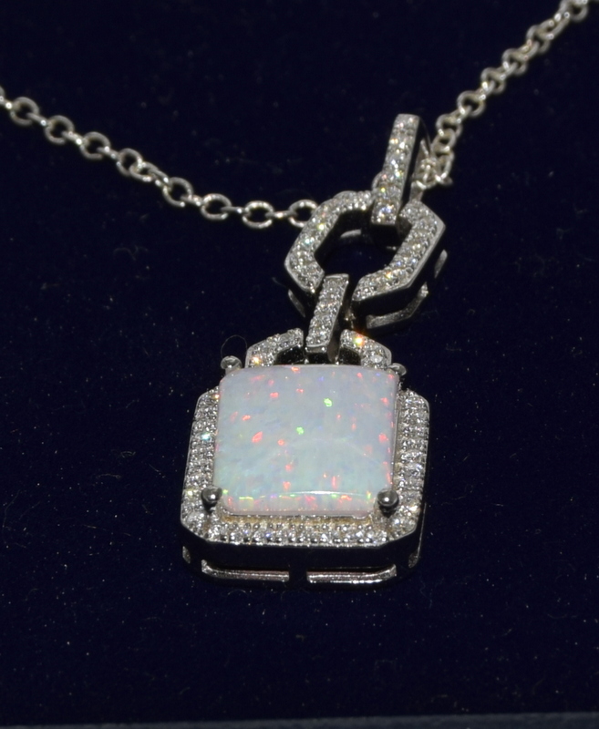 a silver and rectangular opal pendant necklace on silver chain - Image 2 of 3