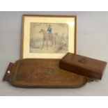 Military Teak tray with badge carved, matching cigarette box and a watercolour of Wellinton