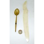 Bone paper turner , early C19 horn spoon with a silver shield cartouche, Victorian Thread waxed