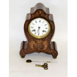 Late 19C Rosewood Cased balloon Clock with elaborate Inlaid Satin wood decoration, enamel dial.