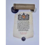 A WW1 Death Plaque parchment scroll in its cardboard tube named to Pte. Albert Bryant. 21 M.G.C. A.