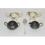 Walker hammered pewter sugar and creamer with a P&O berry spoon and a plated sugar & creamer