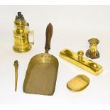 Brass Miner's Lamp, Bronze signed Paper Holder, Letter Opener, Shovel and a Tobacco Holder